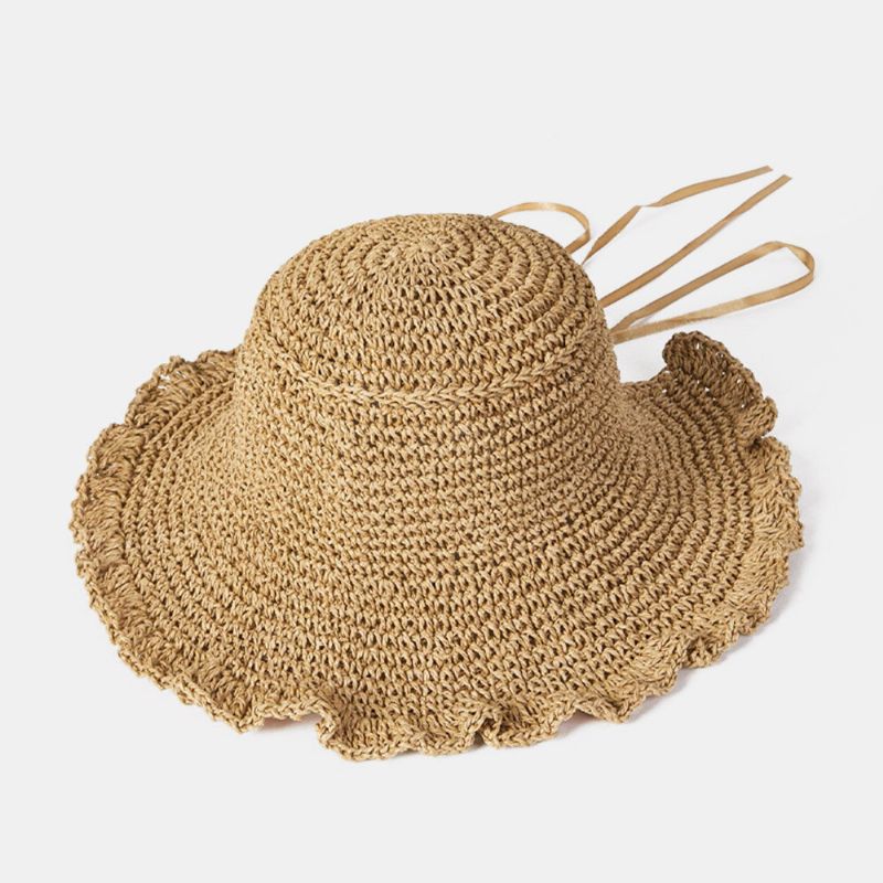 Femmes Fungus Edge Retour Ouverture Bowknot Chapeau De Paille D'été Soleil Protection Seau Chapeau