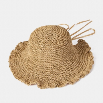 Femmes Fungus Edge Retour Ouverture Bowknot Chapeau De Paille D'été Soleil Protection Seau Chapeau