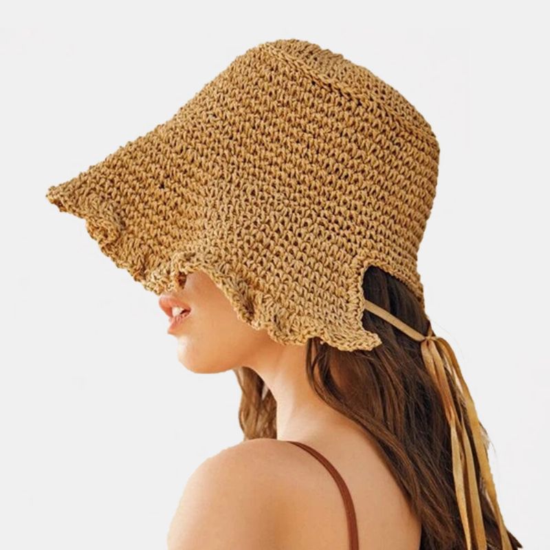 Femmes Fungus Edge Retour Ouverture Bowknot Chapeau De Paille D'été Soleil Protection Seau Chapeau