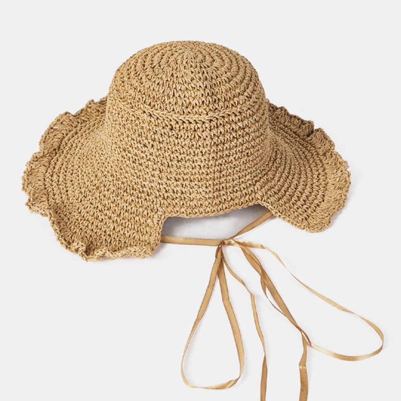 Femmes Fungus Edge Retour Ouverture Bowknot Chapeau De Paille D'été Soleil Protection Seau Chapeau