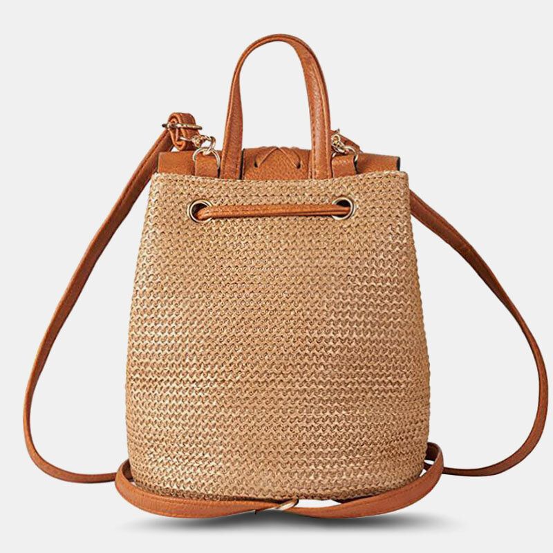 Femmes Gland Paille Sac Rétro Plage Sac À Dos Sac Seau