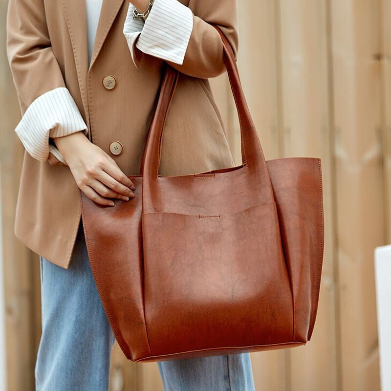 Femmes Grande Capacité Fermeture À Bouton Magnétique Fourre-tout Vintage Léger Respirant Doux Sac À Main Sac À Bandoulière