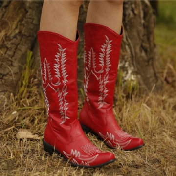 Femmes Grande Taille Rétro Bout Pointu Brodé Talon Chunky Cowboy Bottes