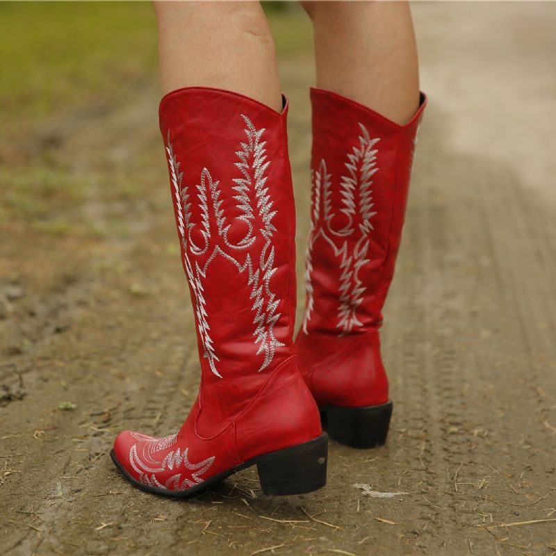 Femmes Grande Taille Rétro Bout Pointu Brodé Talon Chunky Cowboy Bottes