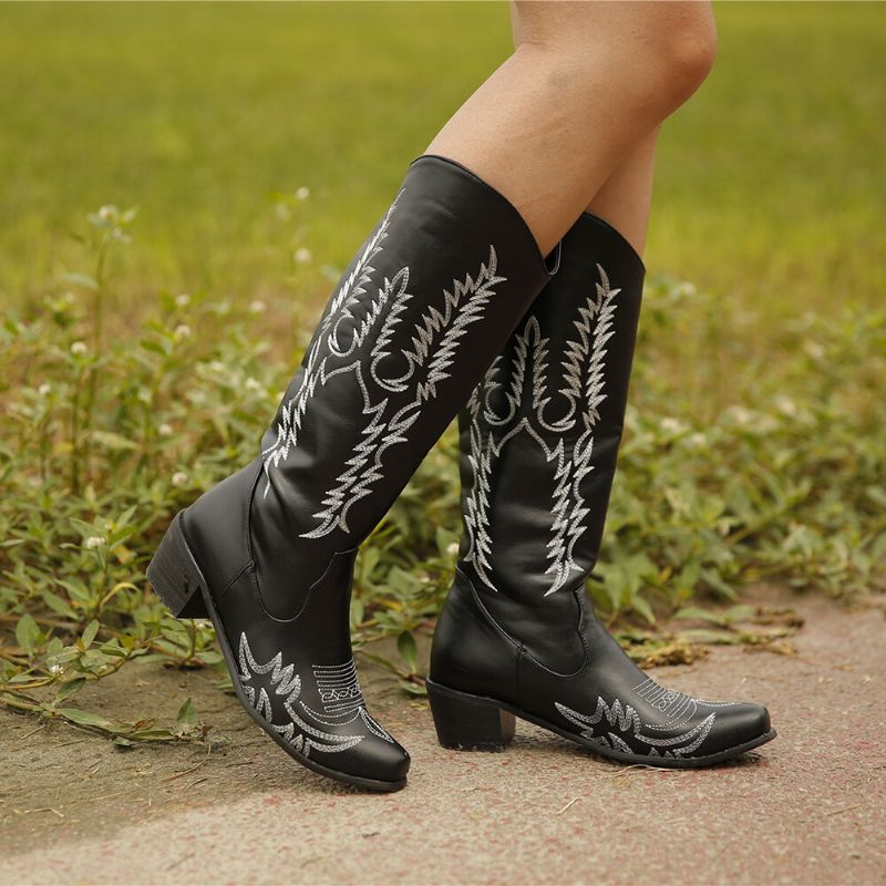 Femmes Grande Taille Rétro Bout Pointu Brodé Talon Chunky Cowboy Bottes