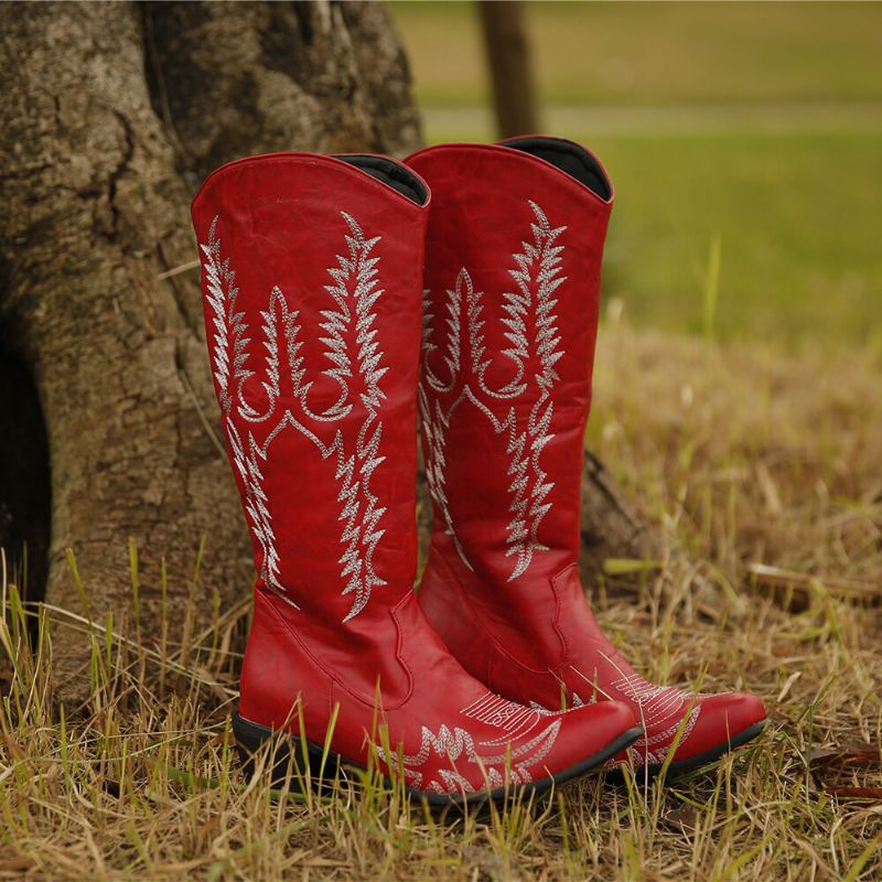 Femmes Grande Taille Rétro Bout Pointu Brodé Talon Chunky Cowboy Bottes