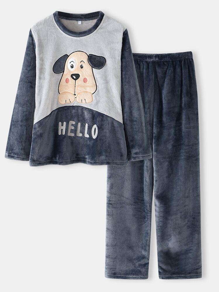 Femmes Hello Cartoon Dog Pattern Side Pocket Top Plush Home Casual Pyjama Set