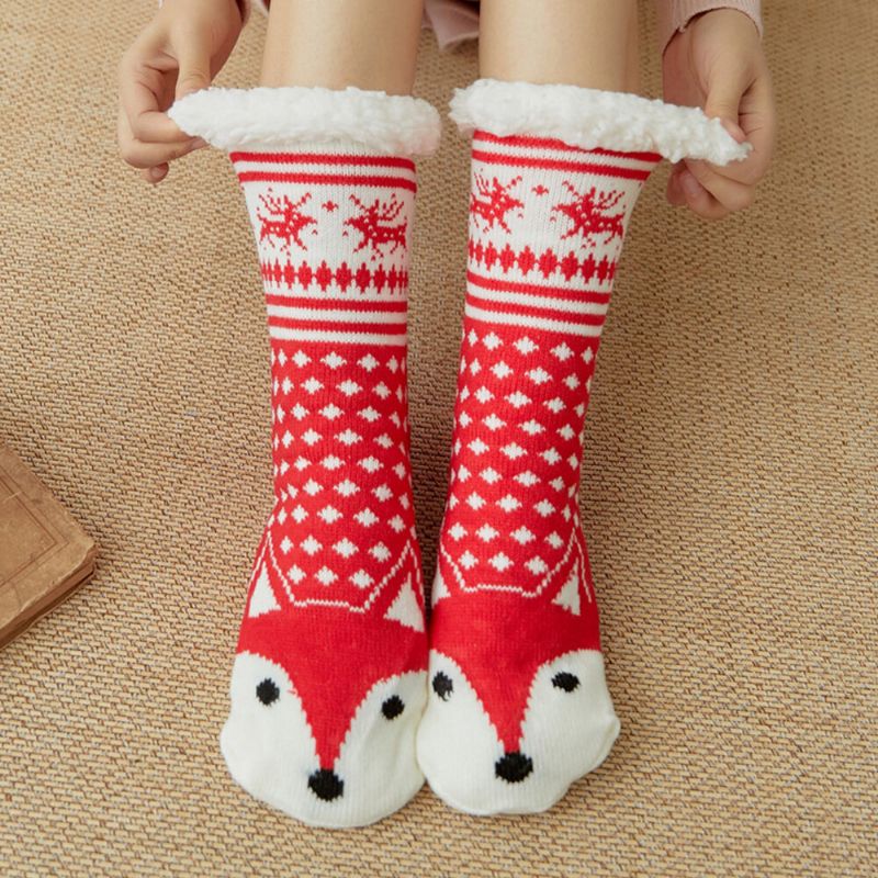 Femmes Hiver Chaud En Plein Air Style De Noël Dessin Animé Animaux Motif Plus Velours Épaissir Maison Sommeil Chaussettes Tube Chaussettes