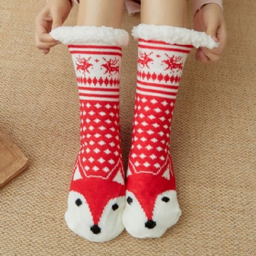 Femmes Hiver Chaud En Plein Air Style De Noël Dessin Animé Animaux Motif Plus Velours Épaissir Maison Sommeil Chaussettes Tube Chaussettes