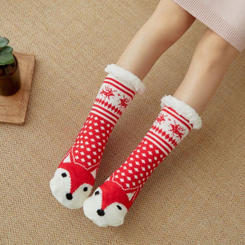 Femmes Hiver Chaud En Plein Air Style De Noël Dessin Animé Animaux Motif Plus Velours Épaissir Maison Sommeil Chaussettes Tube Chaussettes