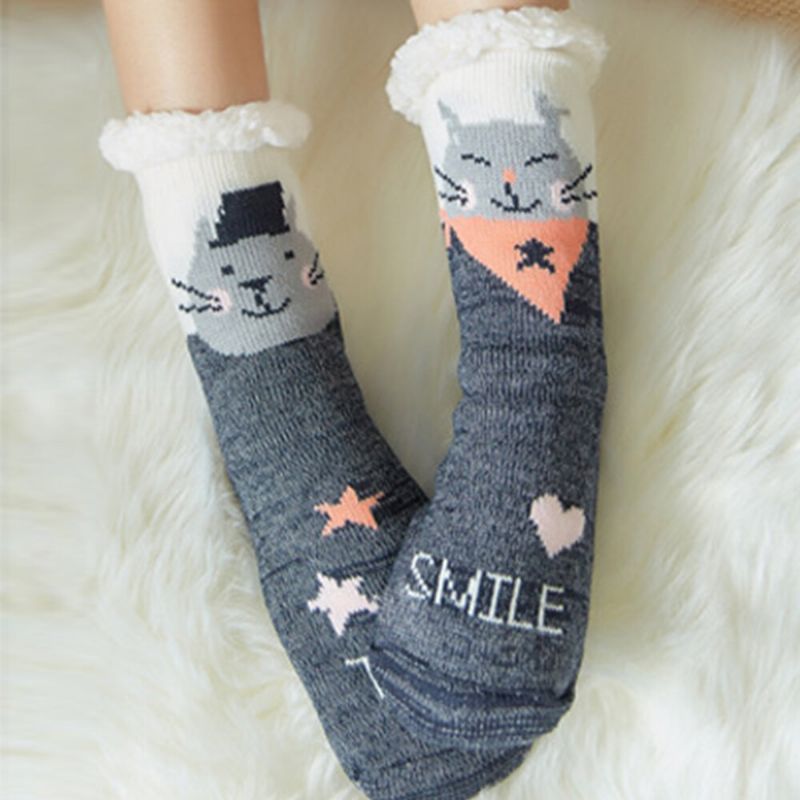 Femmes Hiver Chaud En Plein Air Style De Noël Dessin Animé Animaux Motif Plus Velours Épaissir Maison Sommeil Chaussettes Tube Chaussettes