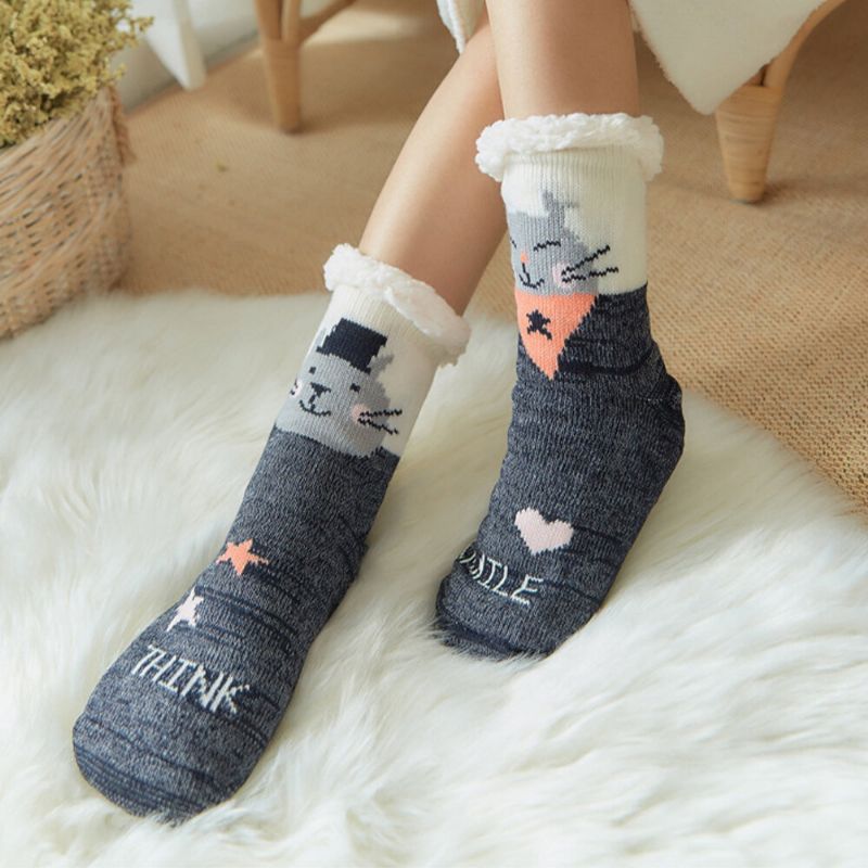 Femmes Hiver Chaud En Plein Air Style De Noël Dessin Animé Animaux Motif Plus Velours Épaissir Maison Sommeil Chaussettes Tube Chaussettes