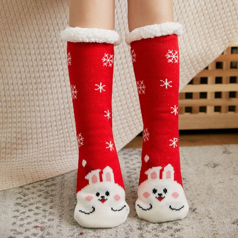 Femmes Hiver Chaud En Plein Air Style De Noël Dessin Animé Animaux Motif Plus Velours Épaissir Maison Sommeil Chaussettes Tube Chaussettes