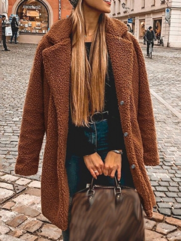 Femmes Hiver Épais Polaire Revers Mi-long Solide Couleur Chaud Manteau Décontracté