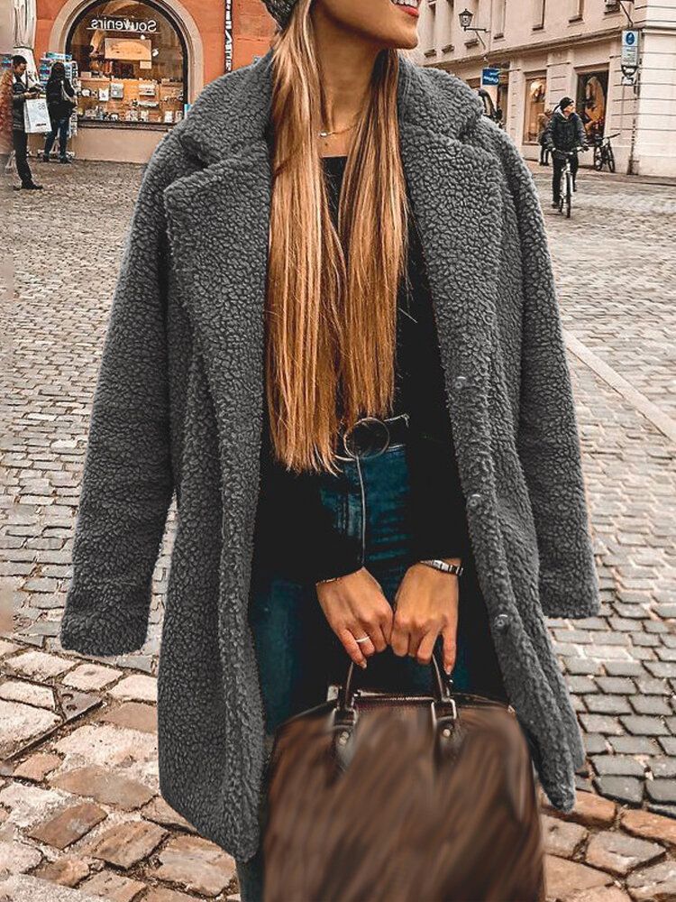 Femmes Hiver Épais Polaire Revers Mi-long Solide Couleur Chaud Manteau Décontracté