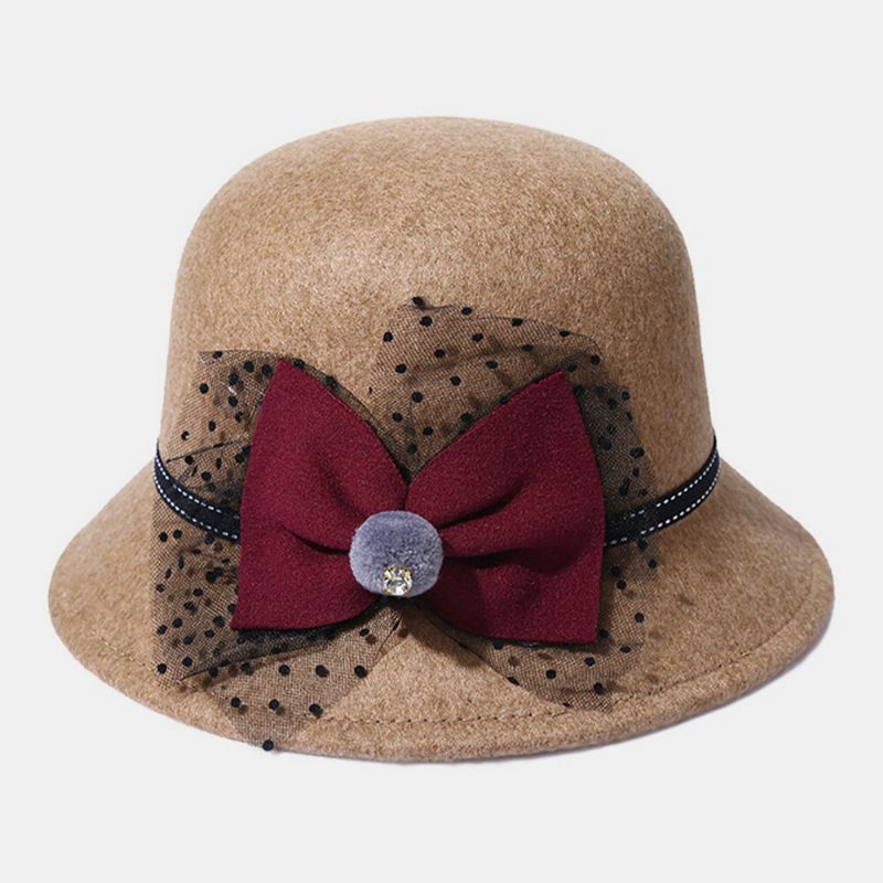 Femmes Hiver Extérieur Cool Protection Chaud Chapeau Haut De Forme Feutre Nœud Décoration Dentelle Fedora Chapeau Seau Chapeau