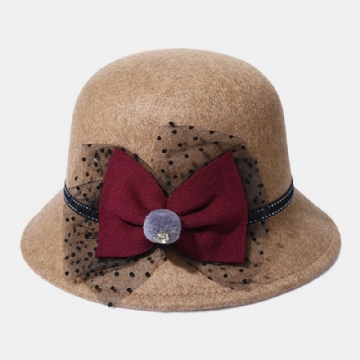 Femmes Hiver Extérieur Cool Protection Chaud Chapeau Haut De Forme Feutre Nœud Décoration Dentelle Fedora Chapeau Seau Chapeau