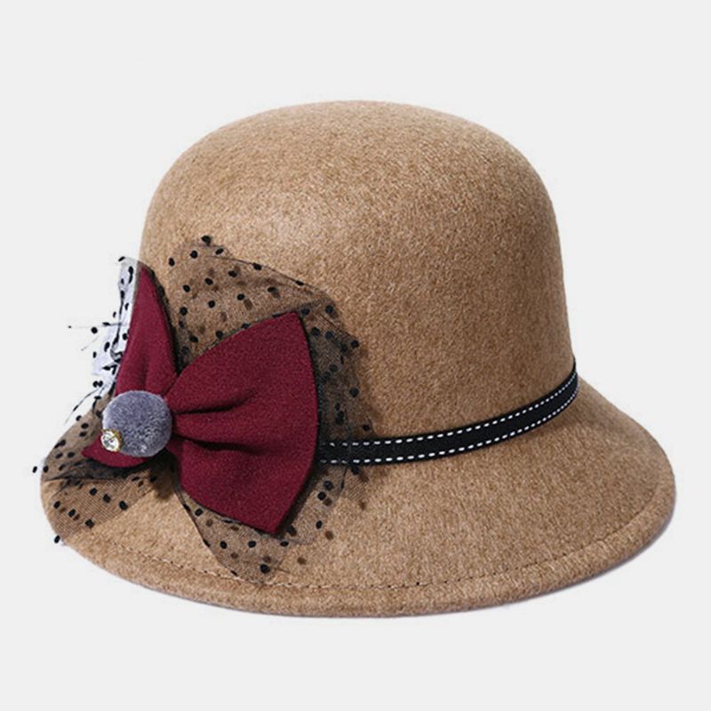 Femmes Hiver Extérieur Cool Protection Chaud Chapeau Haut De Forme Feutre Nœud Décoration Dentelle Fedora Chapeau Seau Chapeau