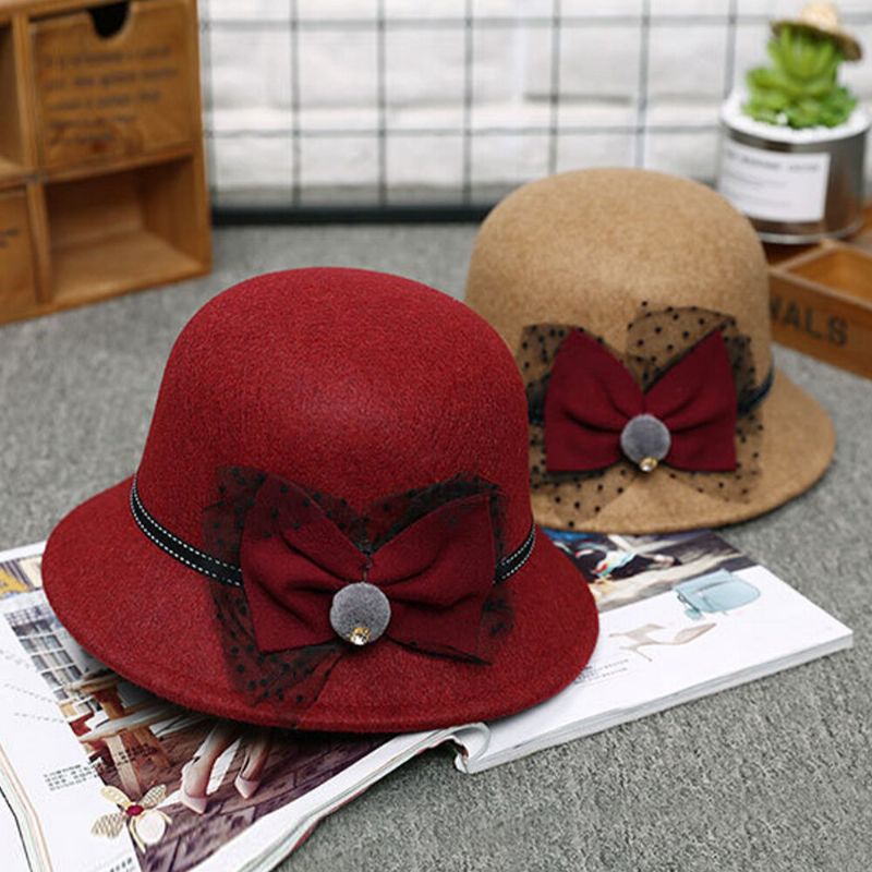 Femmes Hiver Extérieur Cool Protection Chaud Chapeau Haut De Forme Feutre Nœud Décoration Dentelle Fedora Chapeau Seau Chapeau