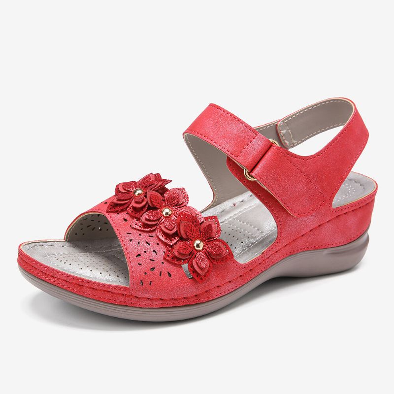 Femmes Hook Loop Flower Decro Open Toe Comfy Wedge Sandals