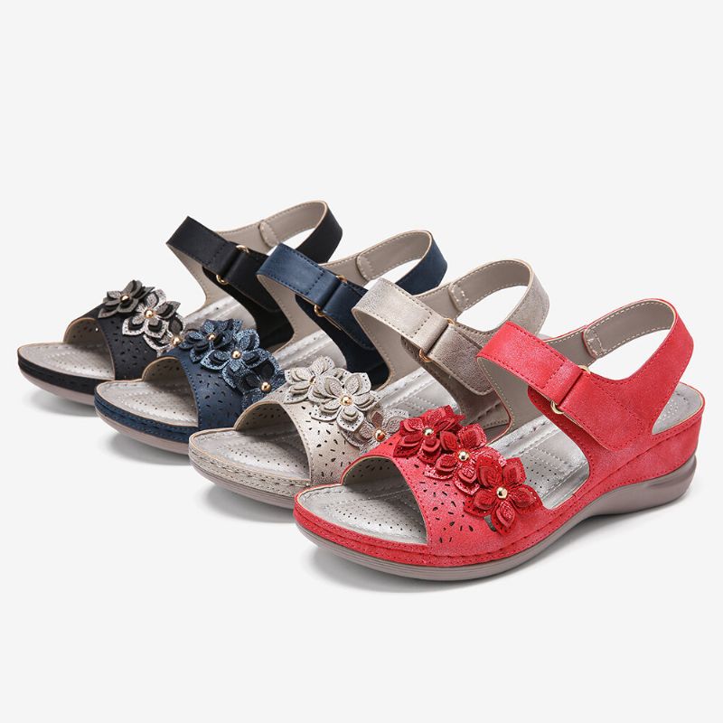 Femmes Hook Loop Flower Decro Open Toe Comfy Wedge Sandals