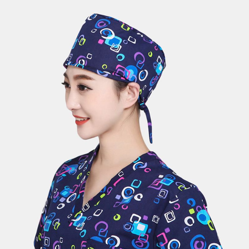 Femmes Imprimer Coton Bonnet Chirurgical Docteur Infirmière Sangle Coiffure Chapeau Dentaire Travail Cap Bonnet