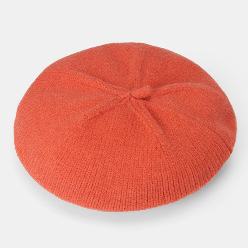 Femmes Laine Couleur Unie Hiver Chaud Tricoté Chapeau Britannique Rétro Dôme Élastique Parasol Béret Casquette Peintre Chapeau