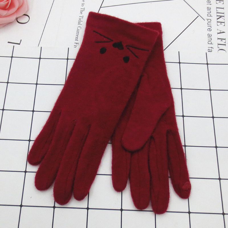 Femmes Laine Écran Tactile Broderie Dessin Animé Chat Motif Garder Au Chaud Mode Gants Décontractés