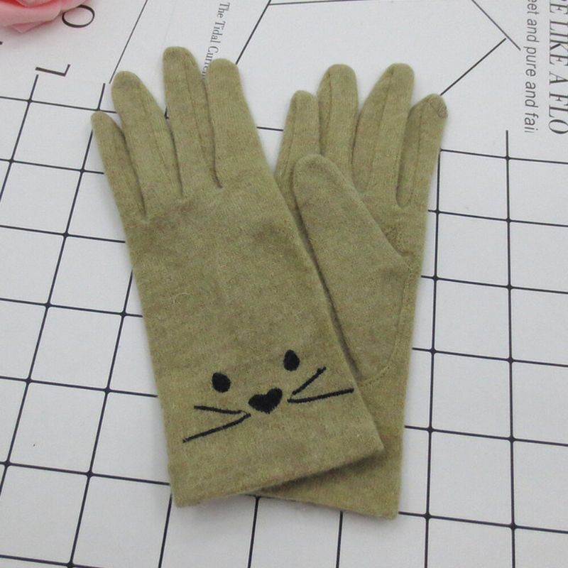 Femmes Laine Écran Tactile Broderie Dessin Animé Chat Motif Garder Au Chaud Mode Gants Décontractés