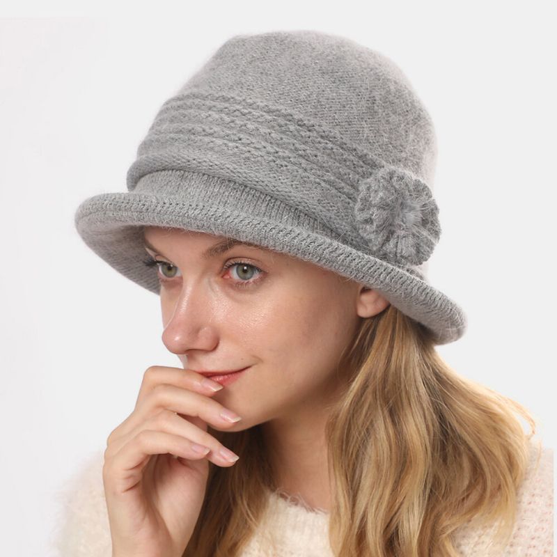 Femmes Lapin Cheveux Plus Épaissir Chaud Fleur Décoration Mode Casual Tricoté Chapeau Seau Chapeau