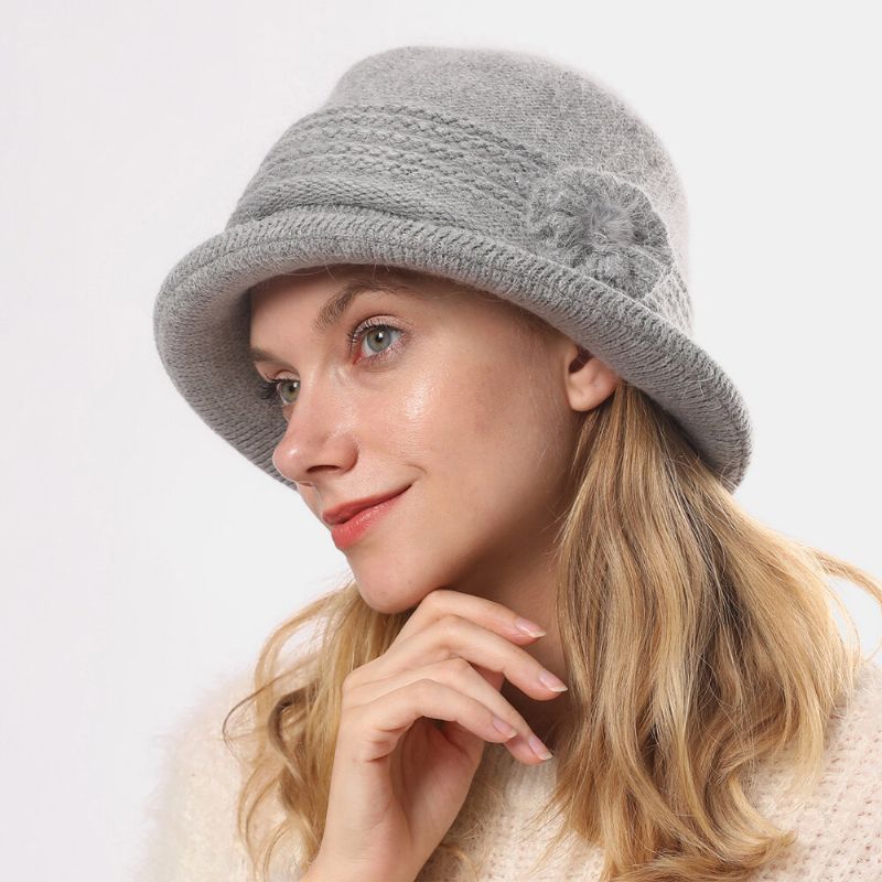 Femmes Lapin Cheveux Plus Épaissir Chaud Fleur Décoration Mode Casual Tricoté Chapeau Seau Chapeau