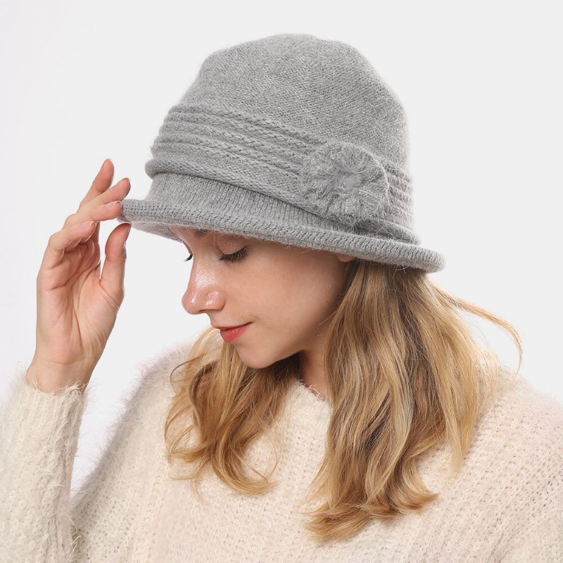 Femmes Lapin Cheveux Plus Épaissir Chaud Fleur Décoration Mode Casual Tricoté Chapeau Seau Chapeau