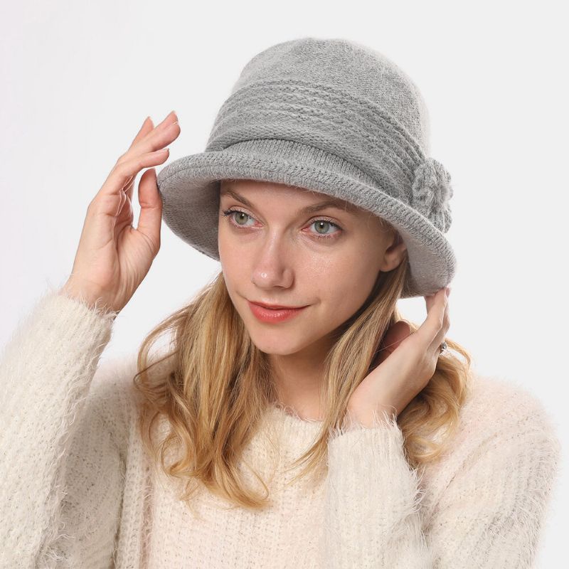 Femmes Lapin Cheveux Plus Épaissir Chaud Fleur Décoration Mode Casual Tricoté Chapeau Seau Chapeau