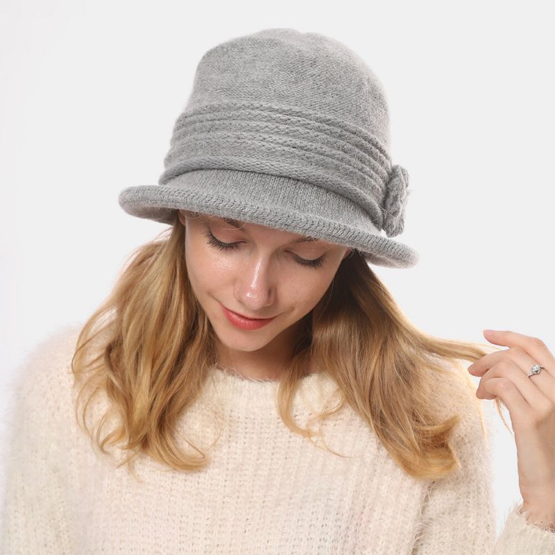 Femmes Lapin Cheveux Plus Épaissir Chaud Fleur Décoration Mode Casual Tricoté Chapeau Seau Chapeau