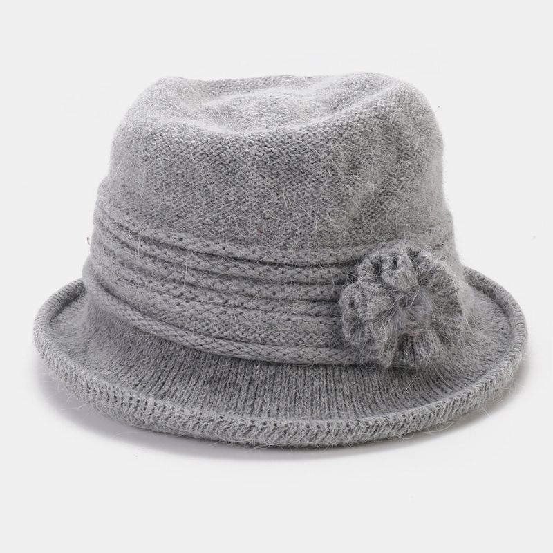 Femmes Lapin Cheveux Plus Épaissir Chaud Fleur Décoration Mode Casual Tricoté Chapeau Seau Chapeau