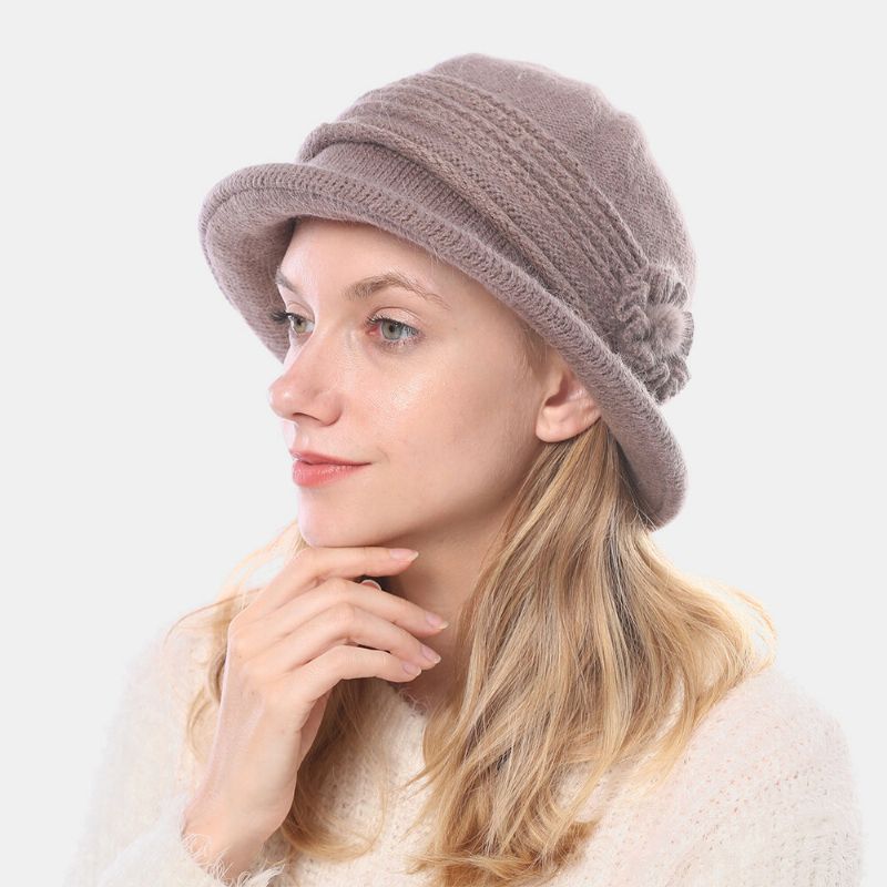 Femmes Lapin Cheveux Plus Épaissir Chaud Fleur Décoration Mode Casual Tricoté Chapeau Seau Chapeau