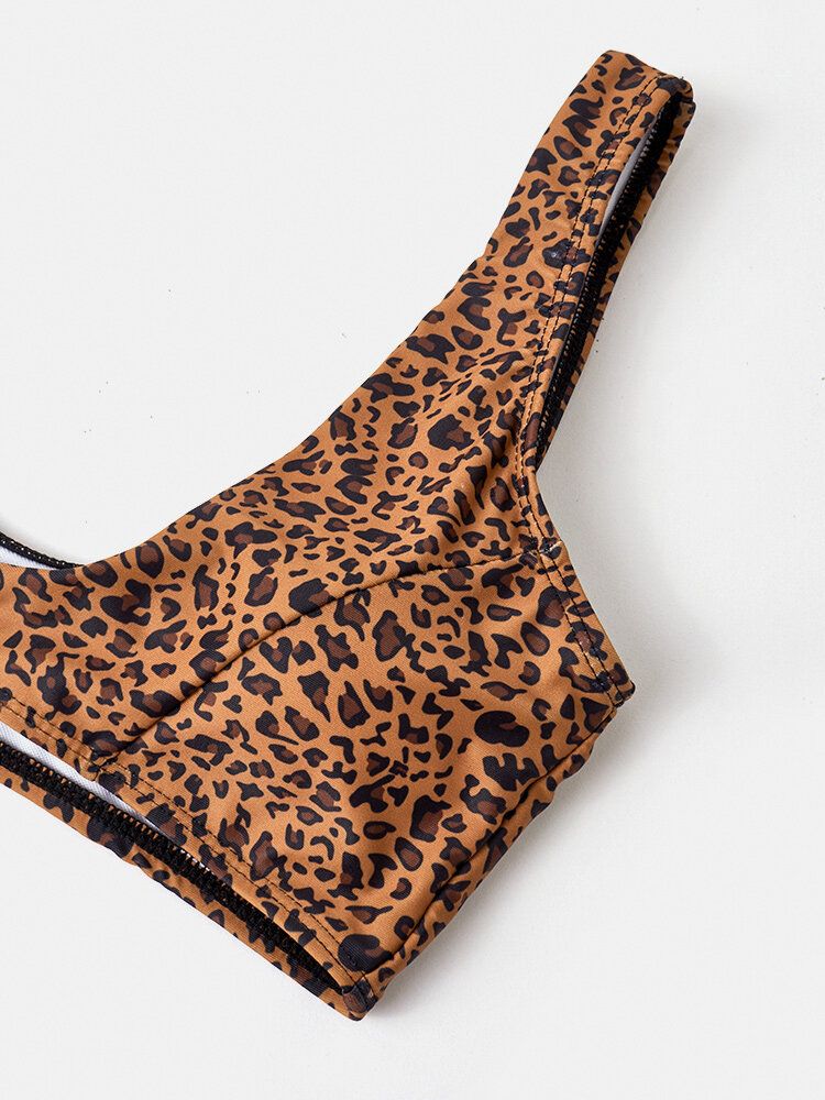 Femmes Léopard Animal Imprimé Bretelles Larges Dos Nu Bikini String Maillots De Bain