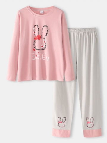 Femmes Lettre Imprimer Dessin Animé Lapin Motif Pull Poche Gery Pantalon Maison Mignon Pyjama Ensemble