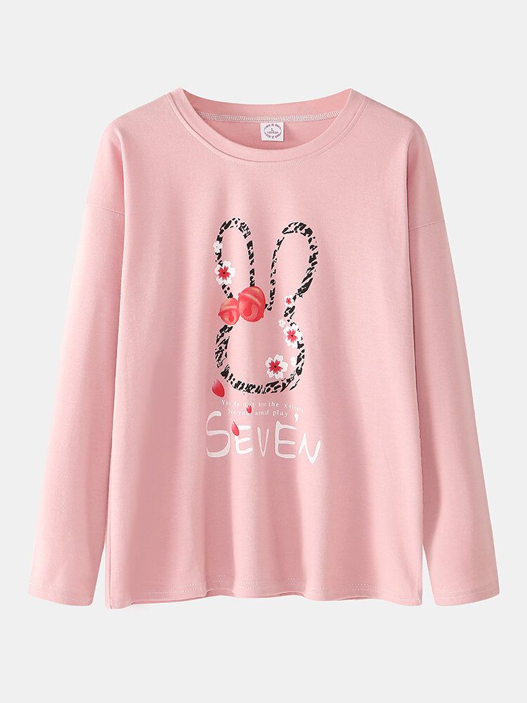 Femmes Lettre Imprimer Dessin Animé Lapin Motif Pull Poche Gery Pantalon Maison Mignon Pyjama Ensemble