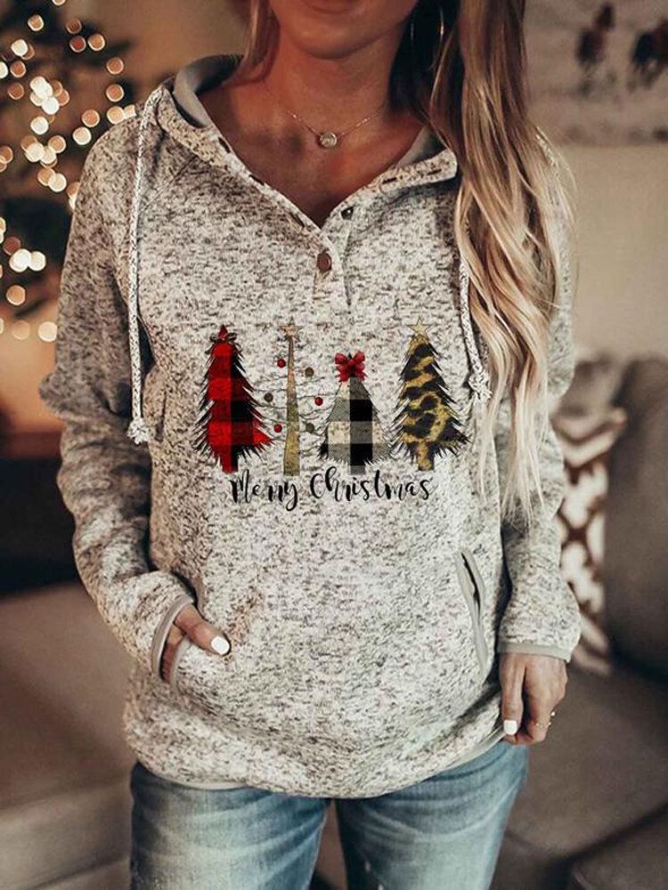 Femmes Lettre De Noël Imprimé Manches Raglan Col Boutonné Sweat À Capuche Avec Poche