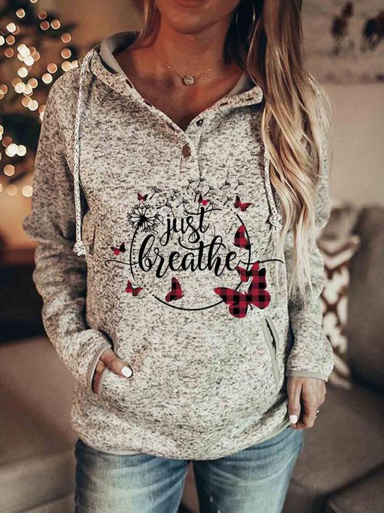 Femmes Lettre De Noël Imprimé Manches Raglan Col Boutonné Sweat À Capuche Avec Poche