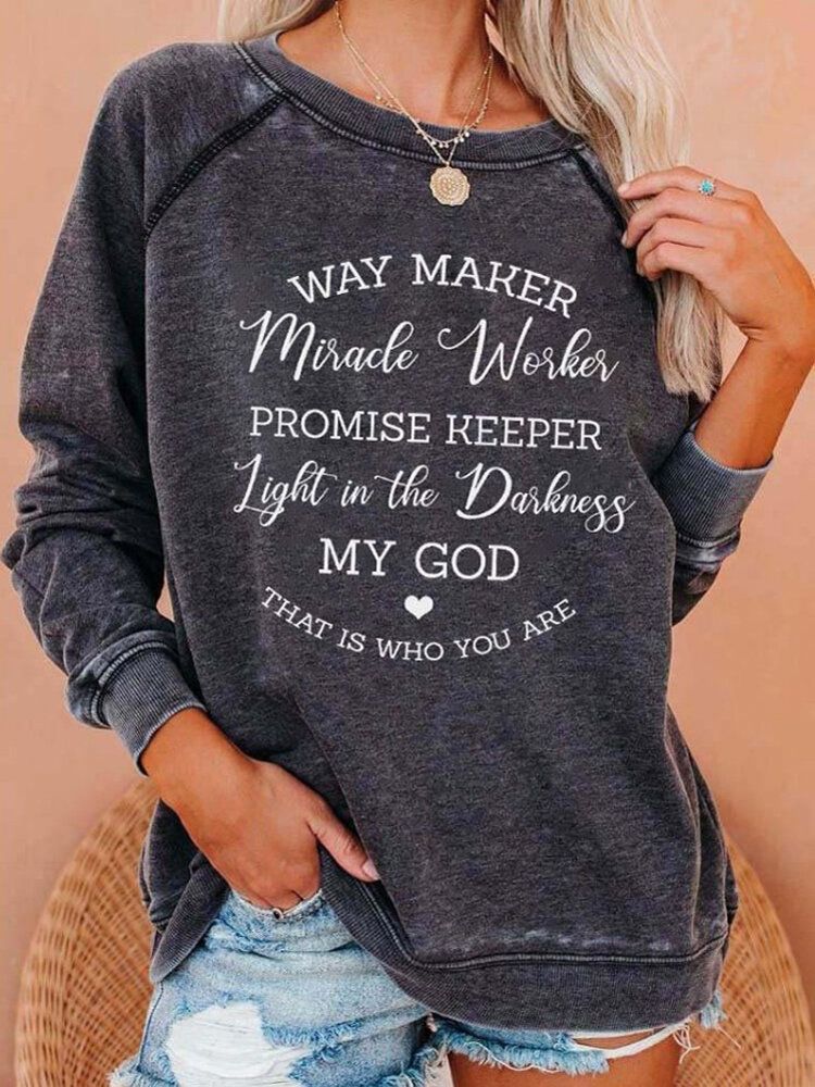 Femmes Lettre Slogan Imprimé O-cou Manches Raglan Pulls Molletonnés Simples