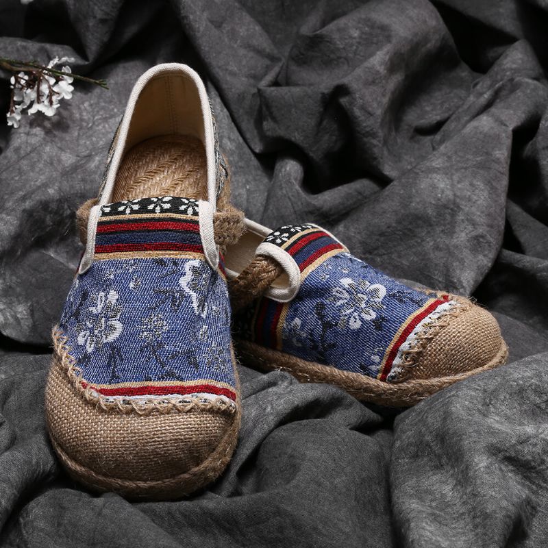 Femmes Lin Old Peking Printing Stricing Slip On Mocassins