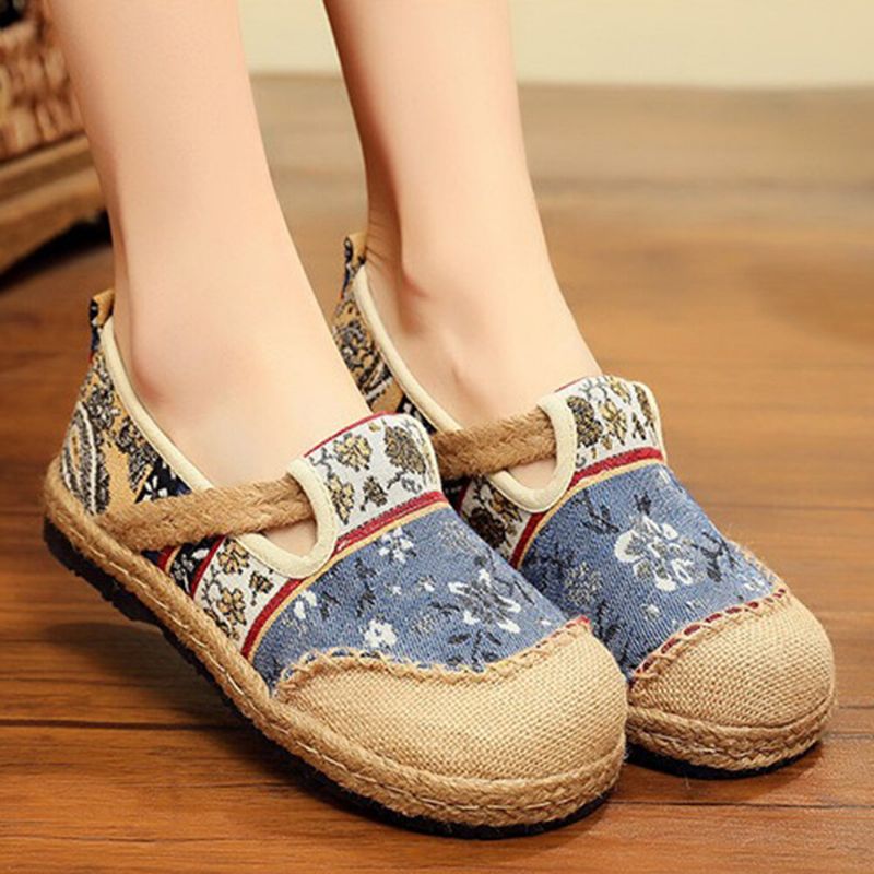 Femmes Lin Old Peking Printing Stricing Slip On Mocassins