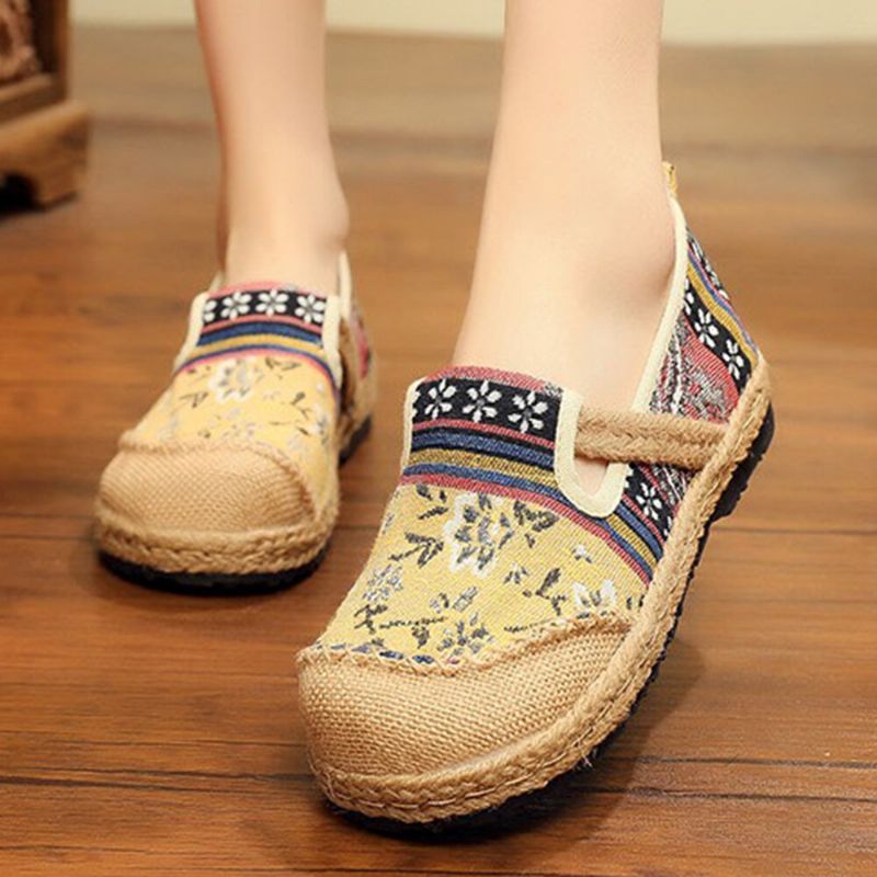 Femmes Lin Old Peking Printing Stricing Slip On Mocassins