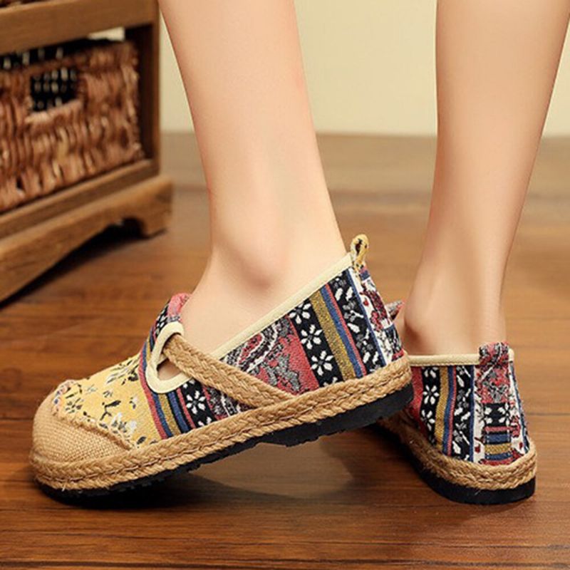 Femmes Lin Old Peking Printing Stricing Slip On Mocassins