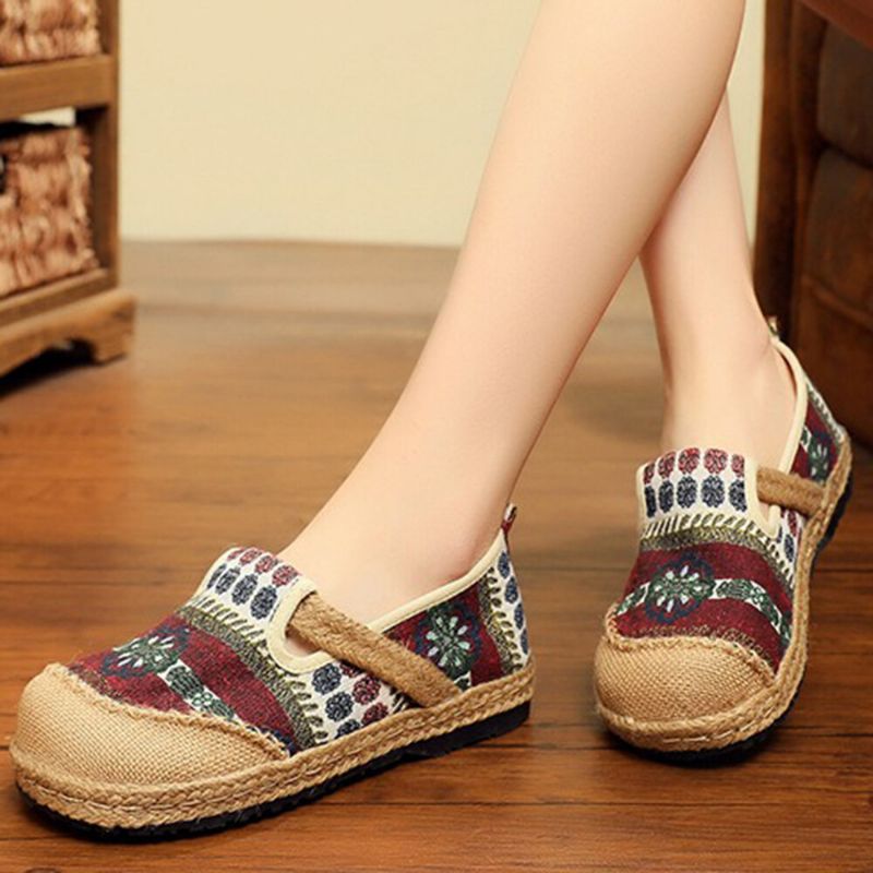 Femmes Lin Straw Pattern Casual Slip On Espadrille Flat Mocassins