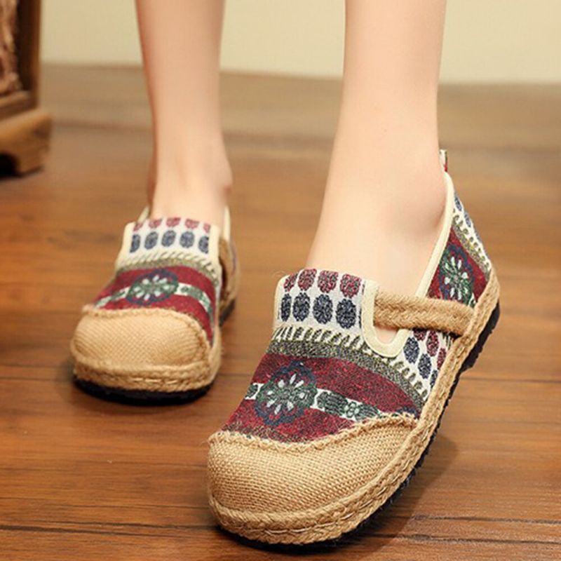 Femmes Lin Straw Pattern Casual Slip On Espadrille Flat Mocassins