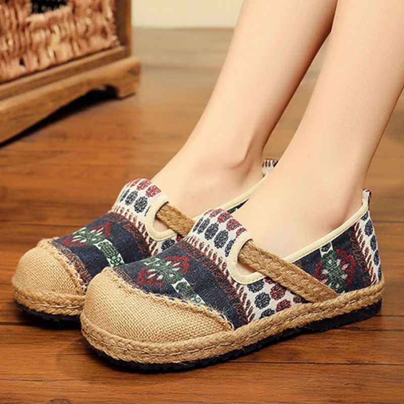 Femmes Lin Straw Pattern Casual Slip On Espadrille Flat Mocassins