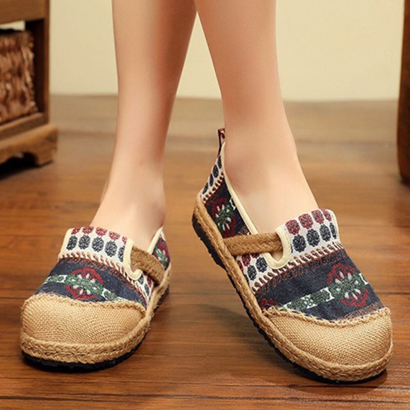 Femmes Lin Straw Pattern Casual Slip On Espadrille Flat Mocassins